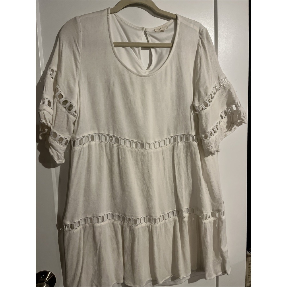 JODIFL Mini Dress Solid White Eyelet Embroidery Flowy Summer Size Large